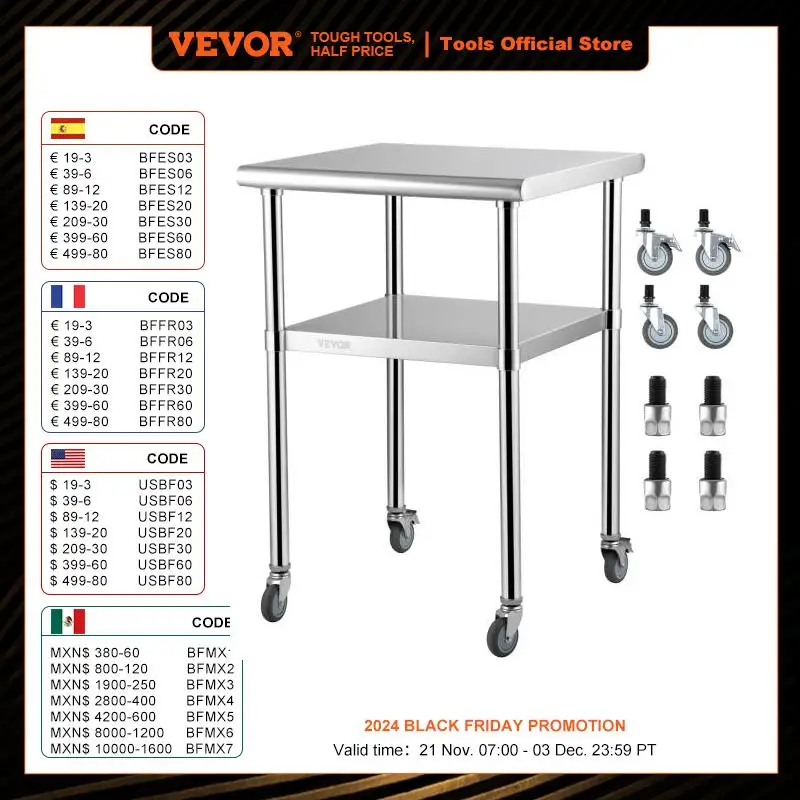 VEVOR Stainless Steel Prep Table 24x24x36in 600lbs Metal Worktable with Adjustable Undershelf & Universal Wheels for Kitchen