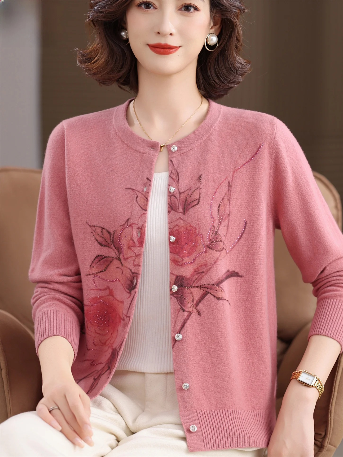 

00 Pure Wool Knitted Cardigan Faionable Print Loose Top for Middle-Aged Women Autumn Winter Casual Wear Button Detail