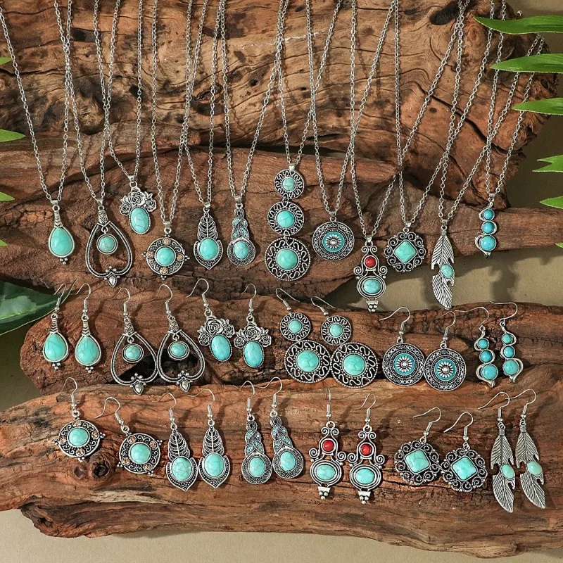 Bohemian Retro Earring Necklace Set Turquoise Teardrop Shaped Earings Pendant Necklace Multi Styles Jewelry Set for Women
