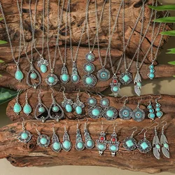 Bohemian Retro Earring Necklace Set Turquoise Teardrop Shaped Earings Pendant Necklace Multi Styles Jewelry Set for Women