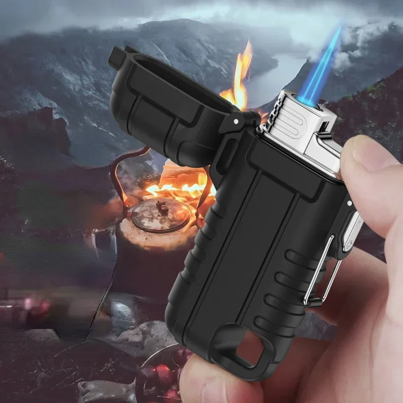 New Waterproof Direct-flush Butane Gas Lighter Outdoor Camping Portable Windproof Blue Flame Lighter Wholesale