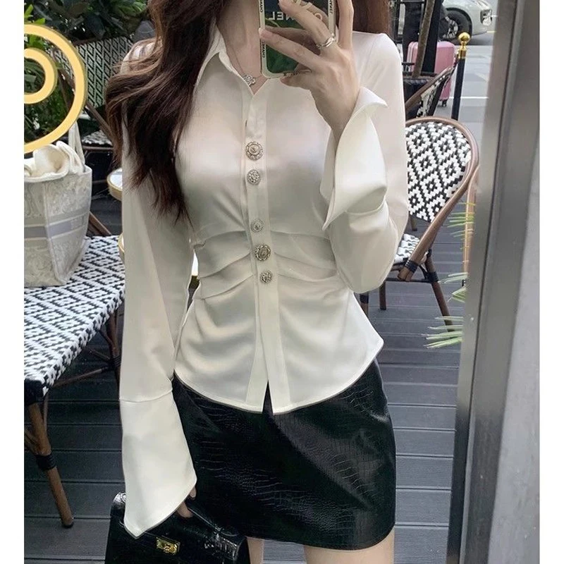 Women Vintage Fashion Ruched Sexy Satin Button Up Shirt Office Lady Elegant White Blouse Casual Y2K Long Sleeve Slim Tops Blusas