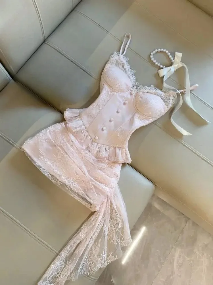 Süßes Prinzessinnenkleid für Damen, französische Spitze, Sim-Feenkleid, Harajuku Gyaru, elegantes, schickes Ballkleid, Sommer, Kawaii, 90er, sexy Mode