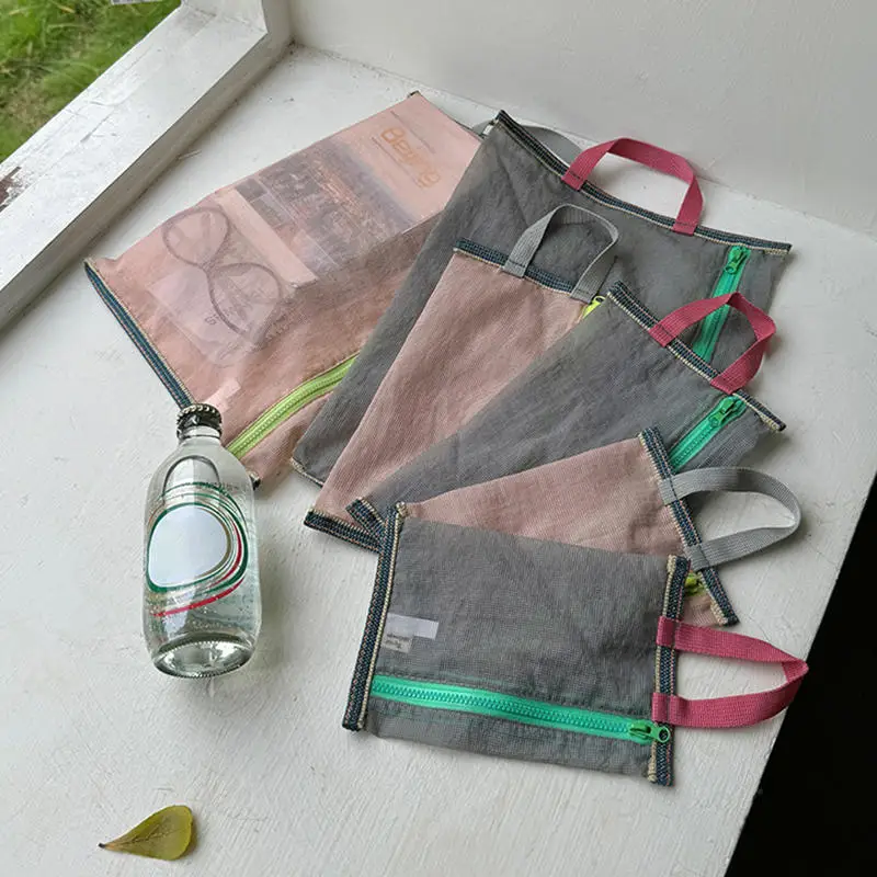 Bolsa de almacenamiento de nailon de malla translúcida, bolso portátil con cremallera, bolsa de cosméticos funcional, estuche para lápices, organizador de papel para documentos