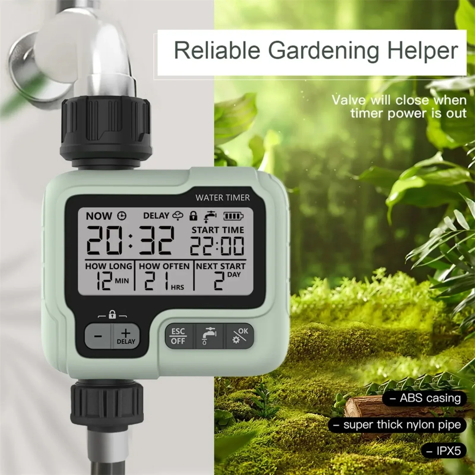 Eshico Garden Water Timer Sistema automatico di ritardo pioggia Piante Prato Serra Attrezzatura per irrigazione a goccia Dispositivo di irrigazione automatica