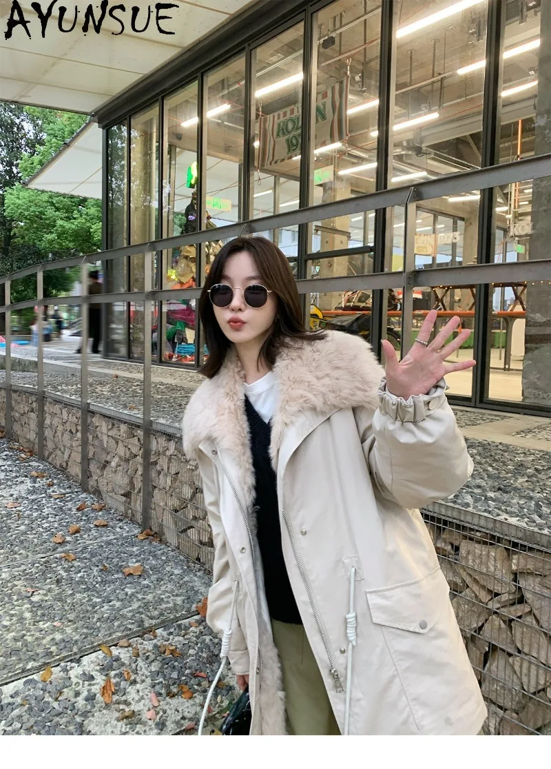 AYUNSUE Women Mid-Length 90 White Goose Down Parka Detachable Coat Toscana Fur Collar Clothing Female Winter Clothes Loose Fit