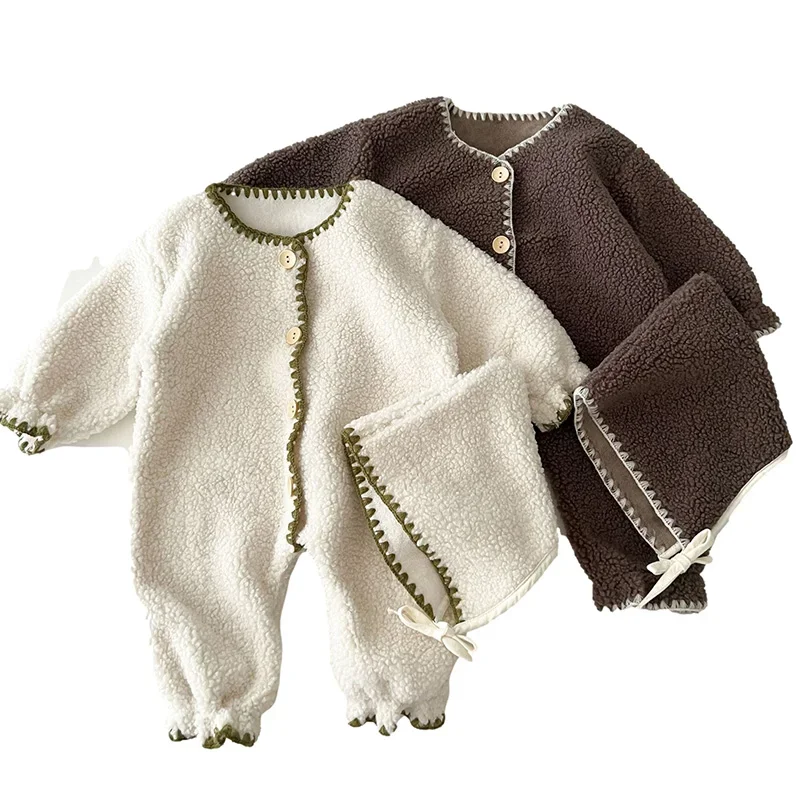 

Winter Baby Romper Lamb Wool Jumpsuit Hat Set for Boys Girls Loose Toddler Infant Rompers Fashion Plush Kids Clothing 0-3 Years