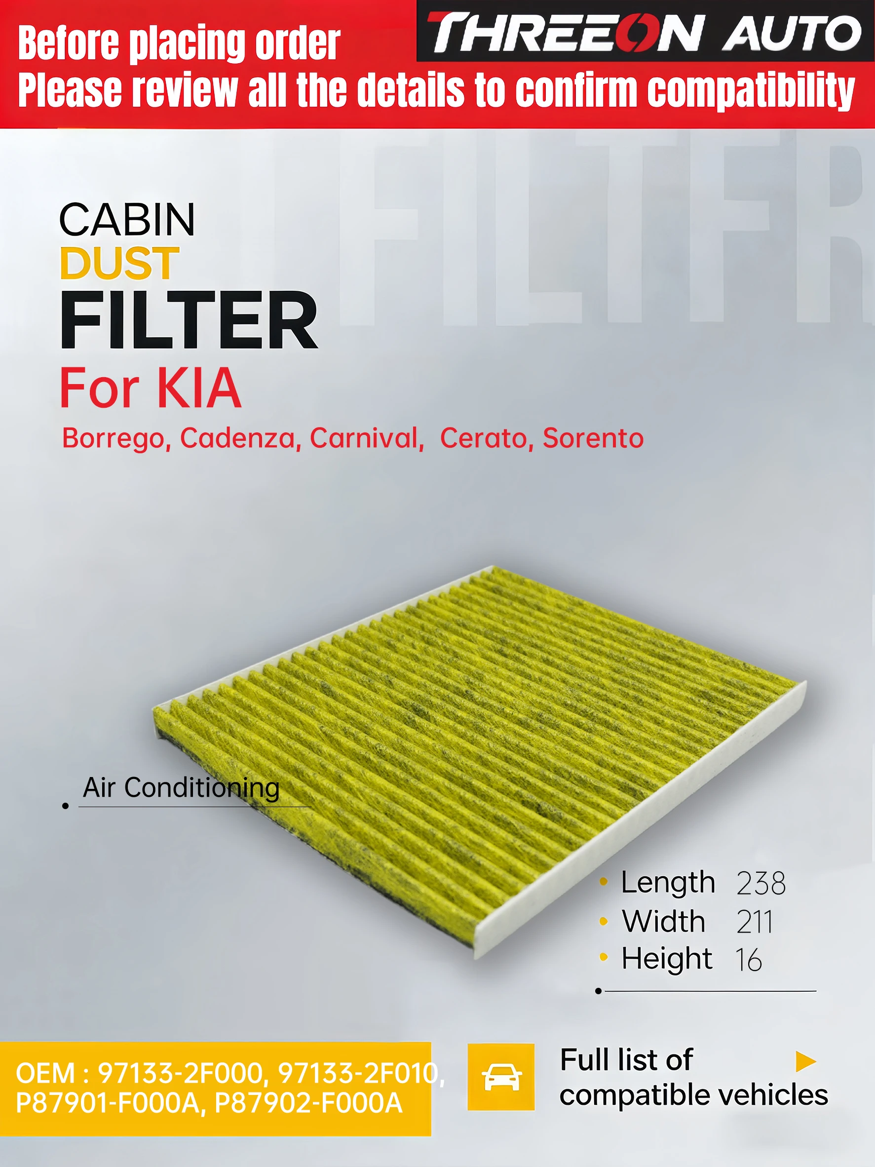 Para kia mohave carnaval sedona iii sorento cerato mk3170 filtro de cabine 97133-2f000 97133-2f010 p87902f000a p87902f000