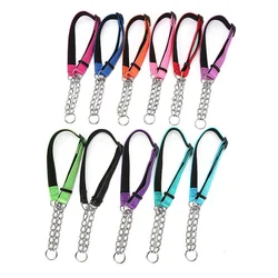 Adjustable Stainless Steel Chain Reflective Nylon Fabric Pet Collars Outdoor Exploration Proof Punch for Small Medium Large Dogs