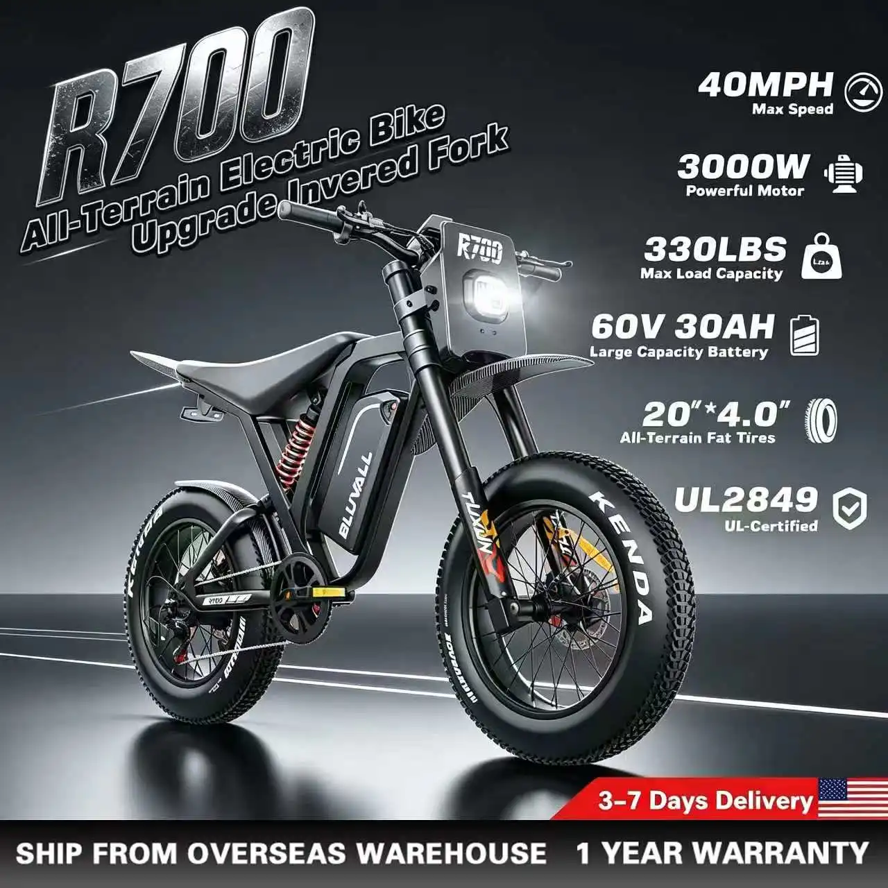 US Stock Electric Bike Adults R700 Pro 3000W Peak 125N.m 60V 30Ah 40MPH 20