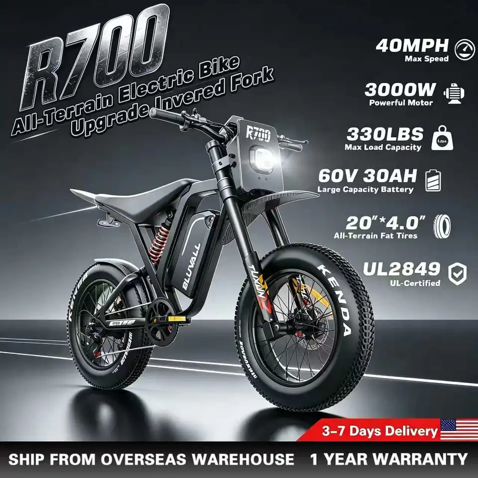 US Stock Electric Bike Adults R700 Pro 3000W Peak 125N.m 60V 30Ah 40MPH 20"x4.0 Fat Tire Off Road Dirt Bike Inverted Fork Full Suspension Hydraulic Brakes UL2849 image 1