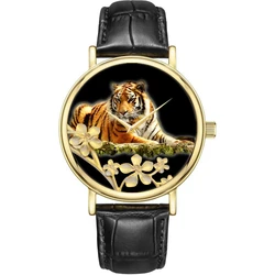 Montre-bracelet Tiger pour femme, avocat, or, cuir noir, quartz, cadeau de luxe