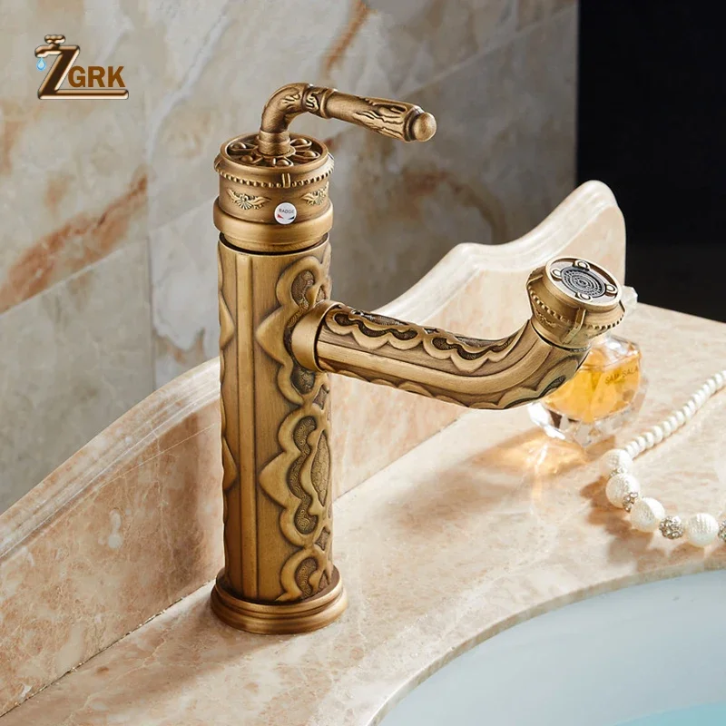 Basin Faucets Solid Brass Vintage Antique Bathroom Faucet Single Handle 360 Degree Swivel Spout Hot Cold Water Basin Mixer Tap