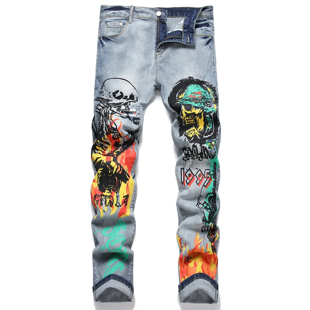 Men Skull Devil Flame Print Jeans Punk Graffiti Painted Stretch Denim Pants Holes Ripped Distressed Slim Straight Trousers