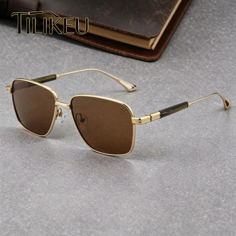 

New Pure Titanium Sunglasses for Men's Luxury Retro Square Brown Shades Men's Summer Sunscreen Driving Fishing UV Protection