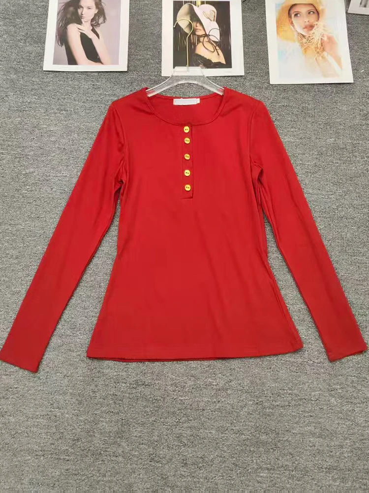 

Simple half-open collar button slim slim long-sleeved T-shirt 2025 spring and autumn new women's top with outside and inside.