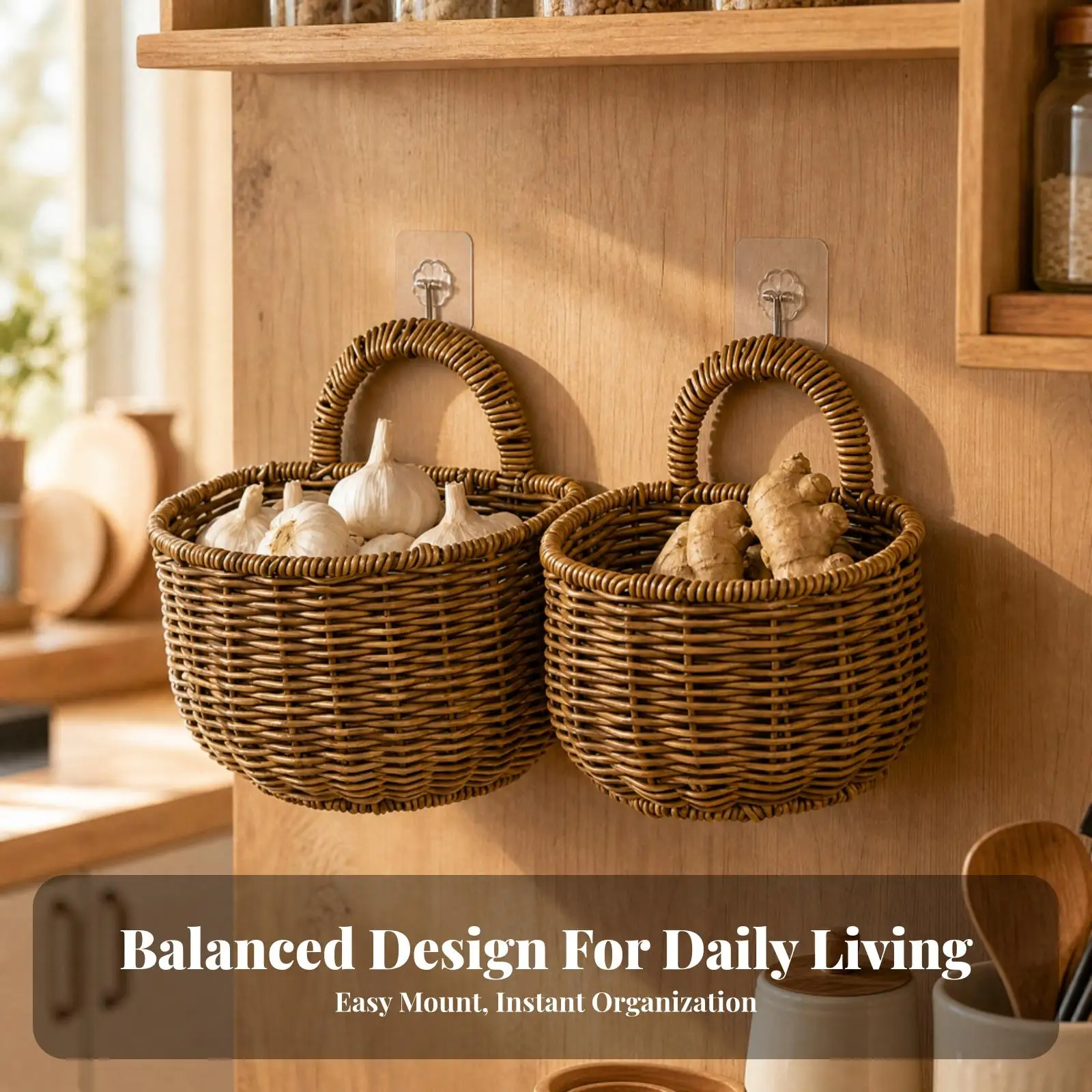 Hanging Storage Basket PP Woven Wall Mount for Kitchen Vegetables Small Household Items with Sturdy Handle