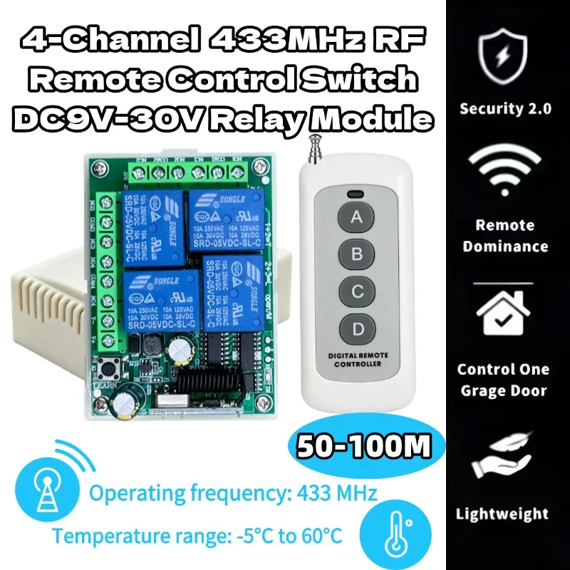 433Mhz Universal Wireless Remote Control Light Switch DC 12V 4CH RF Relay Receiver 60m Range for Light/Garage Door/LED DIY