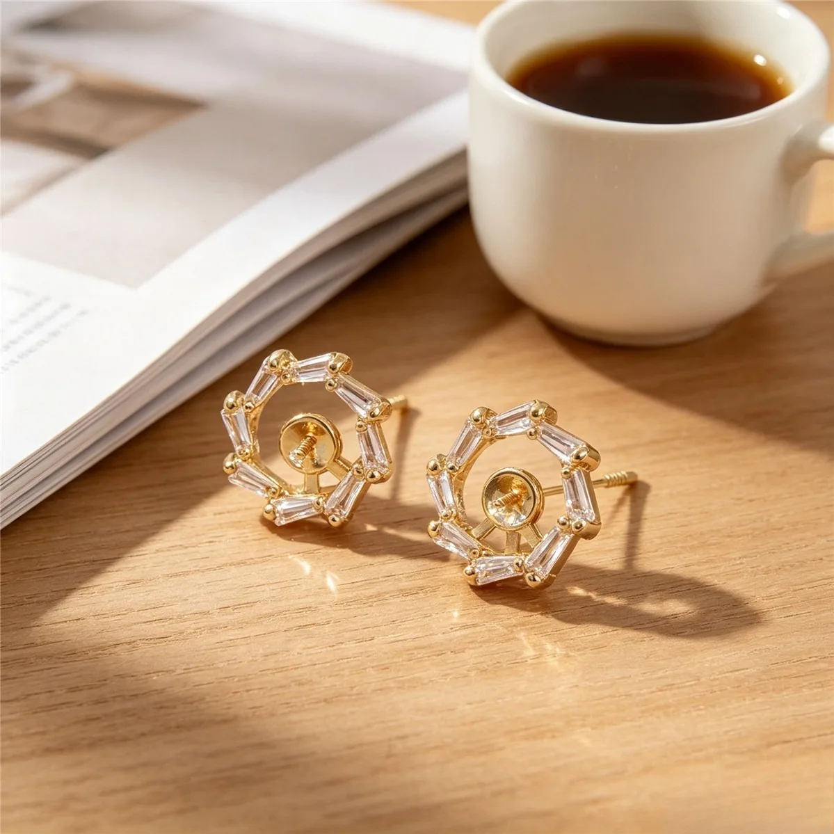 Brass Gold Plated Wreath Stud With Zircon Half Hole Pearl Bezel DIY Handmade Dangle Earring Jewelry Findings