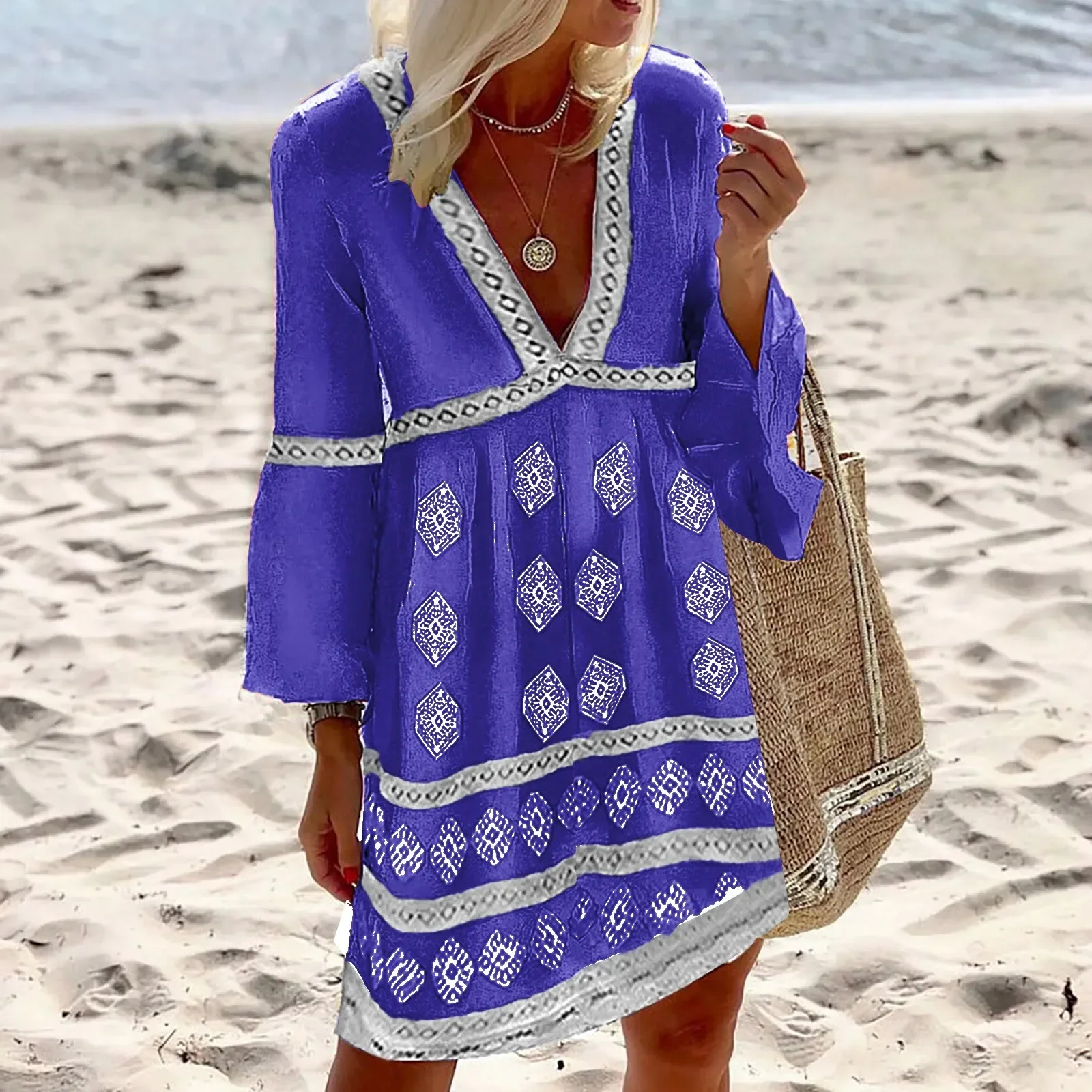 Summer Women Boho Loose Beach Party Elegant Dress Printing Long Sleeve Medium Vestidos Outfits Ladies Sundress