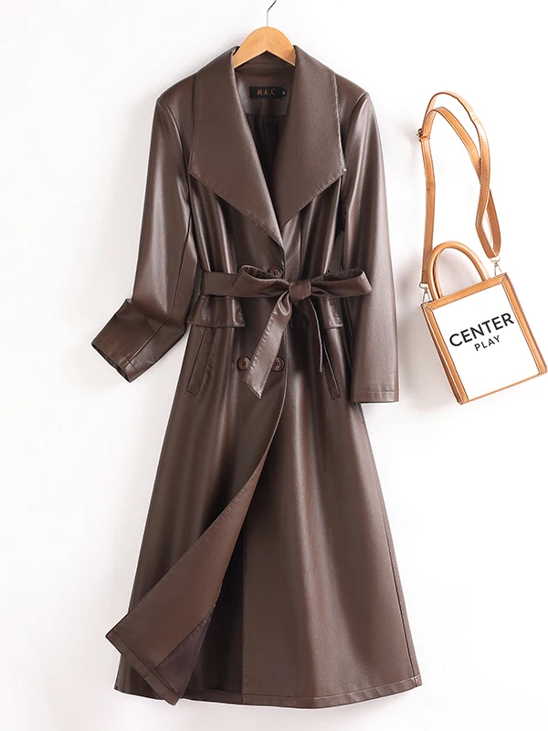   Ning Cappotto in vera pelle di eepskin da donna di media lunghezza 2025 Autunno New Sle Faion Giacca a vento sopra il ginocchio sottile