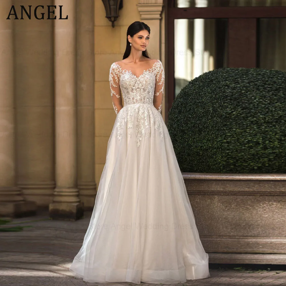 

ANGEL Customized Vintage Wedding Dresses For Woman 2026 Appliques Bride Gowns A-Line Long Sleeves Buttons Tulle Robe De Mariée