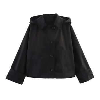 Autumn New European and American Style Hooded Long Sleeved Lapel Jacket Single Breasted Trench Coat Short Jacket 4 Autumn New European and American Style Hooded Long Sleeved Lapel Jacket Single Breasted Trench Coat Short Jacket 4