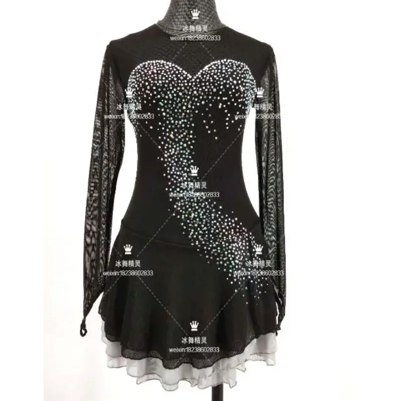 Ice Dance Dress Performance Rhinestone Girls Shiny Figure Skating Black