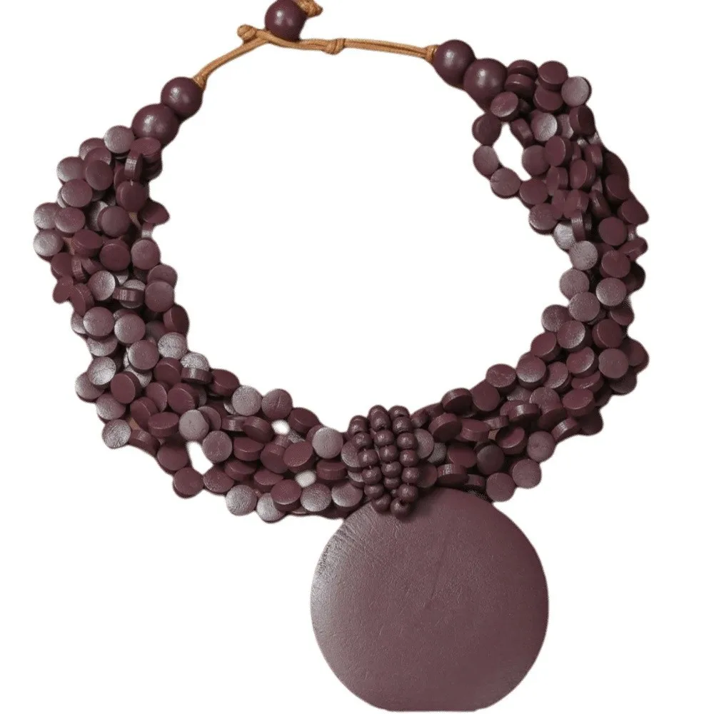 Vintage Exaggerated Wooden Slice Necklace Beaded Multi-Layer Pendant Necklace Oversized Adjustbale Neck Accessories Daily Wear