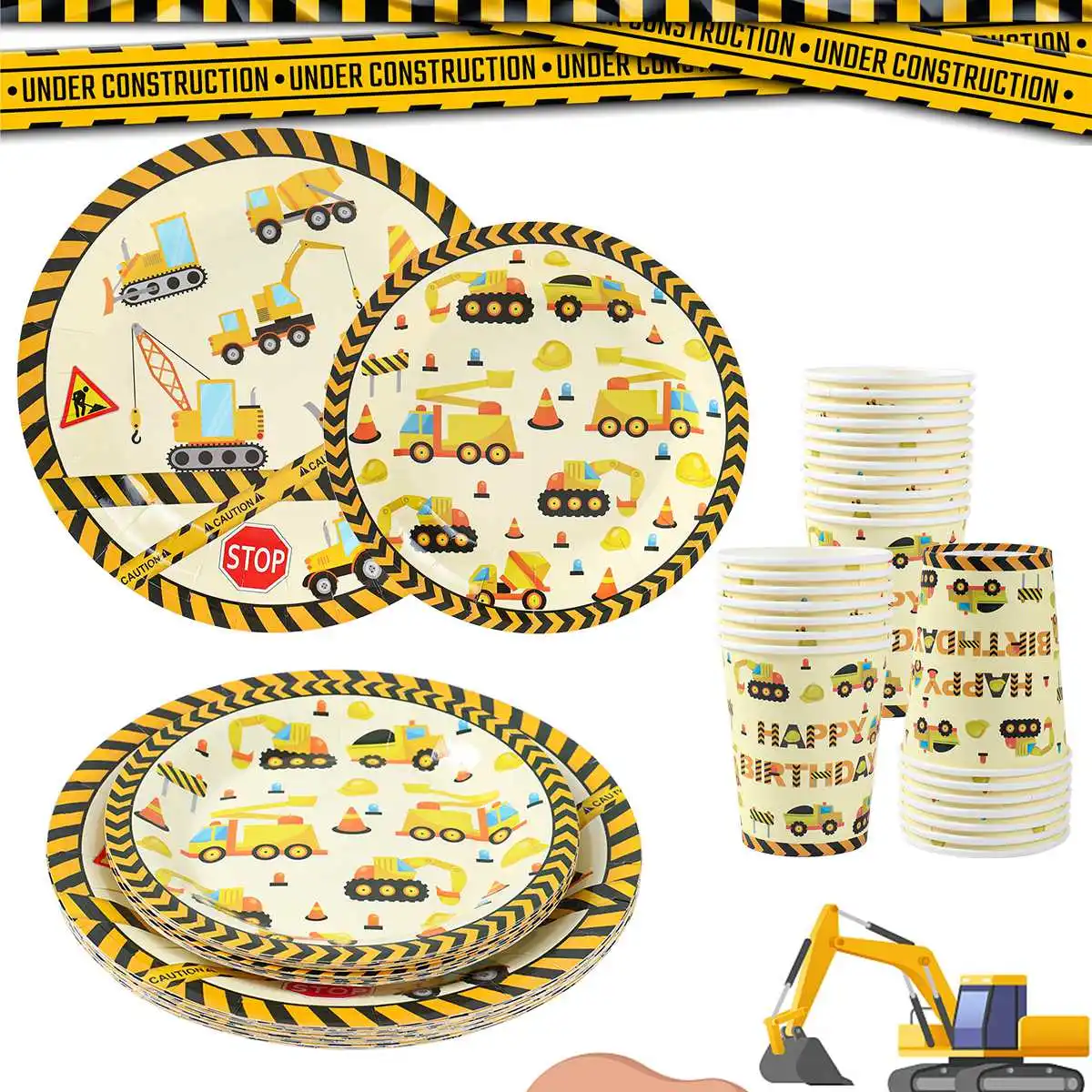 Construction Theme Disposable Tableware Excavator Vehicle Birthday Party Decor Kids Boy Bulldozer Tractor Truck Party Supplies