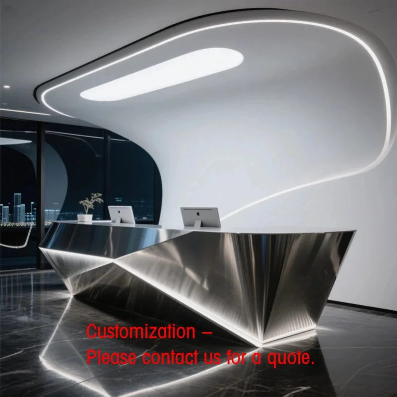 custom.Stainless Steel Heavy Duty Commercial Reception Desk LED Lighting Customizable Dimensions Durable Design