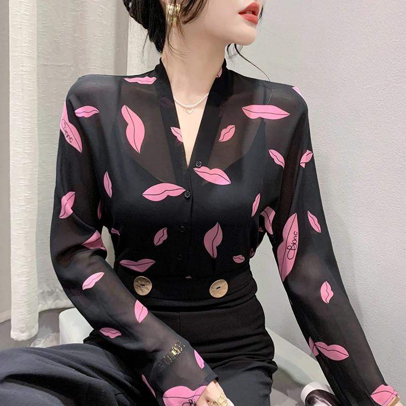 MadBlack Summer European Clothes Chiffon Shirts Women Sexy V Necks Flower Printed Long Sleeved Thin Tops Basic Blouses T36705JC