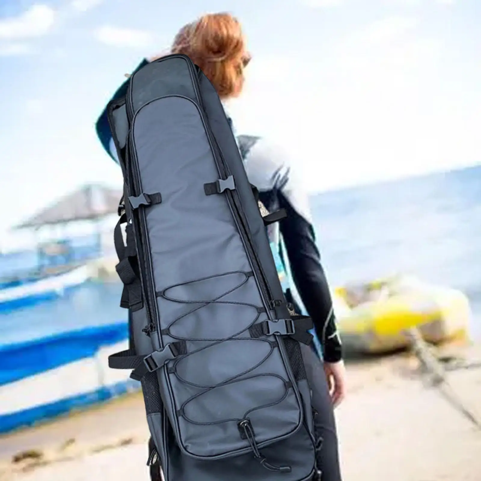 

Long Flipper Backpack with Waterproof Coating Adjustable Straps Mesh Swim Bag for Dive Training and Sea Use