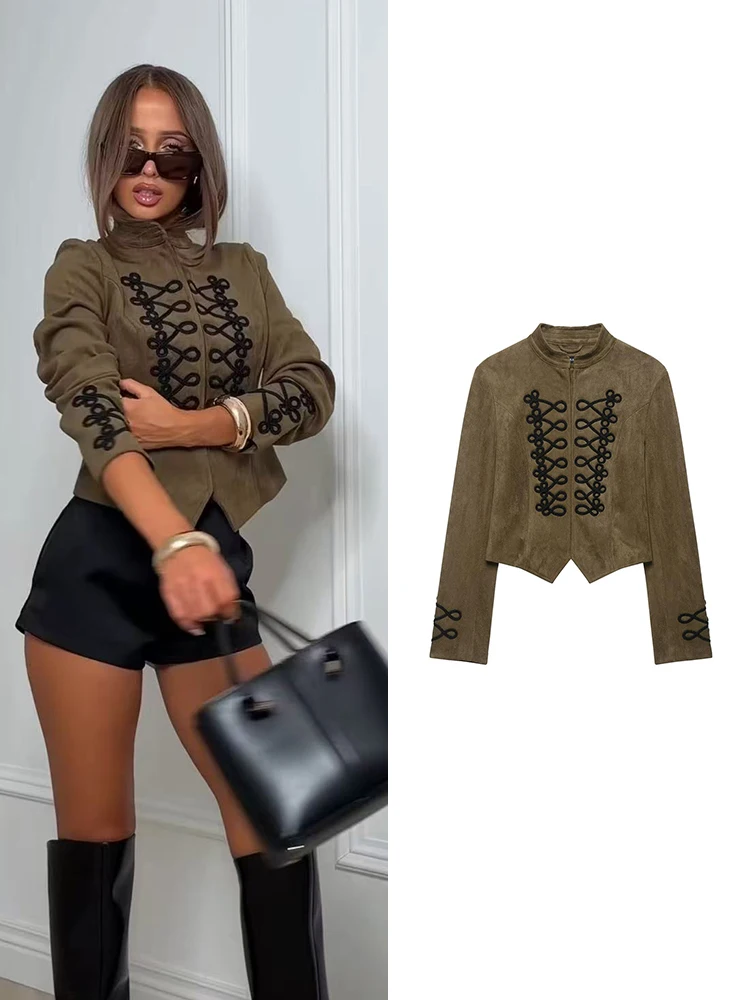 TFMLN 2026 Women Faux Suede Short Jacket Stand Collar Handmade Knot Embroidery Slimming Long Sleeve Outerwear Fashion Retro