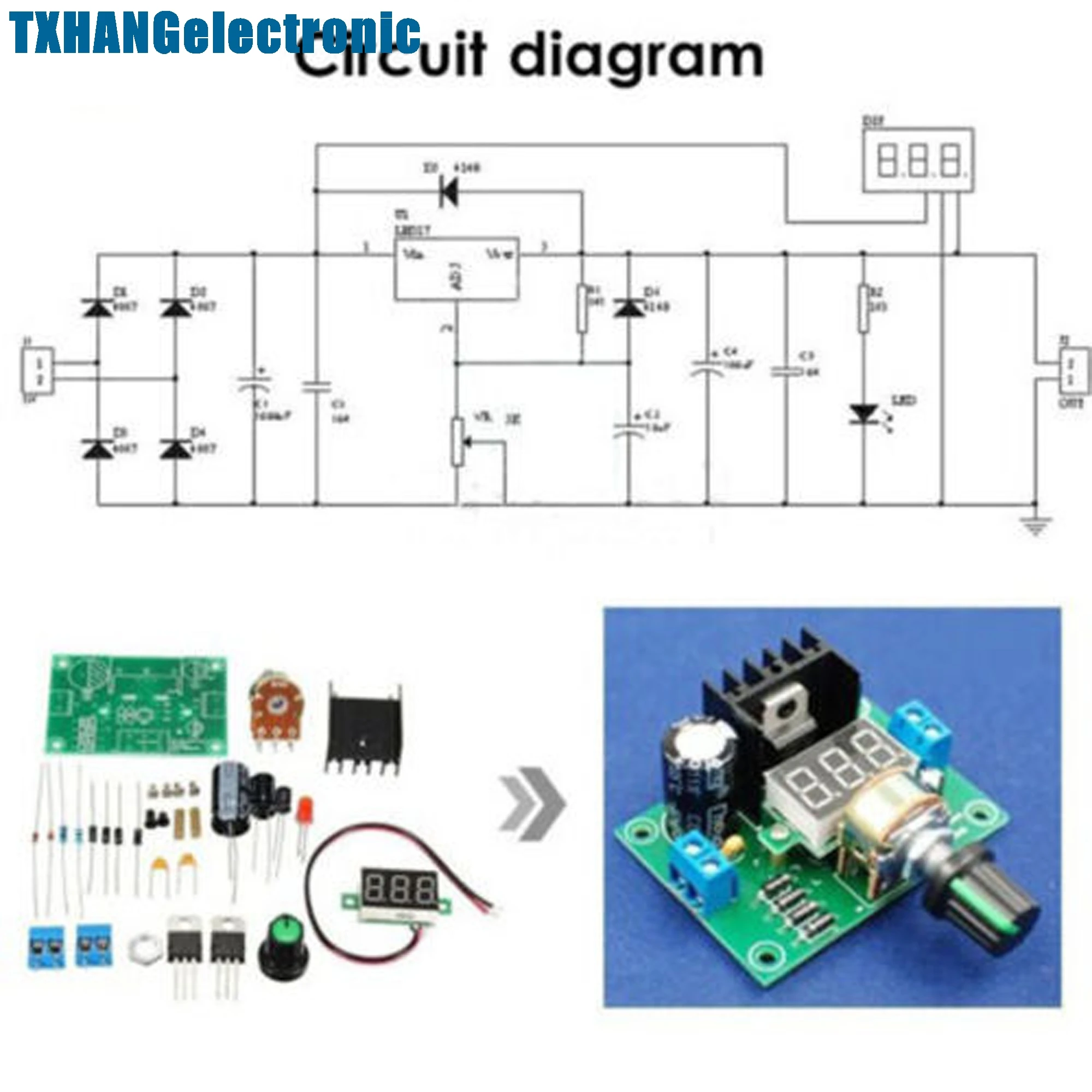 LM317 Digital Display Adjustable Regulated Power Supply Board Module DIY Kits electronic