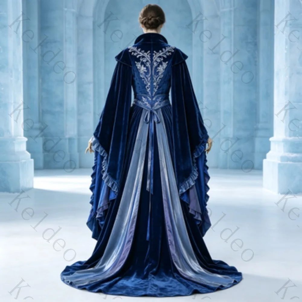 Customized Square Neck Medieval Cosplay Evening Gown Velvet Cape Embroidery Ruffle Layered Multi‑Color Floor‑Length Fantasy Prom