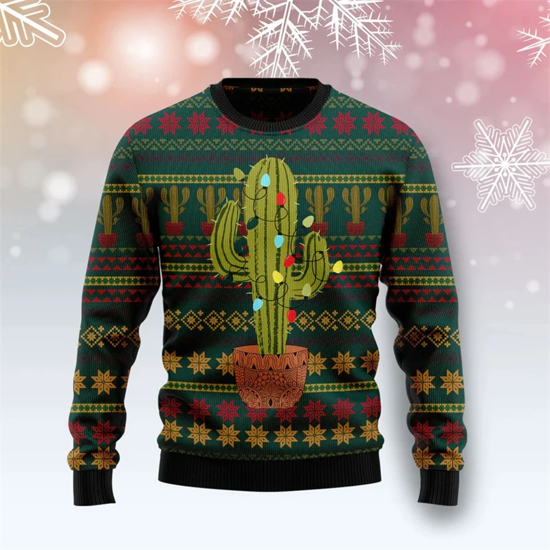 New In Cactus Pattern Ugly Christmas Sweater For Men Fashion Holiday Xmas Gift For Kids Sweatshirt Casual Loose Pullovers Tops