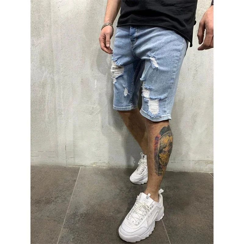 Fashion Broken Holes Denim Shorts Male Trend Streetwear Men Solid Color Jeans Summer Daily Casual Sports Tight Five-piece Pants
