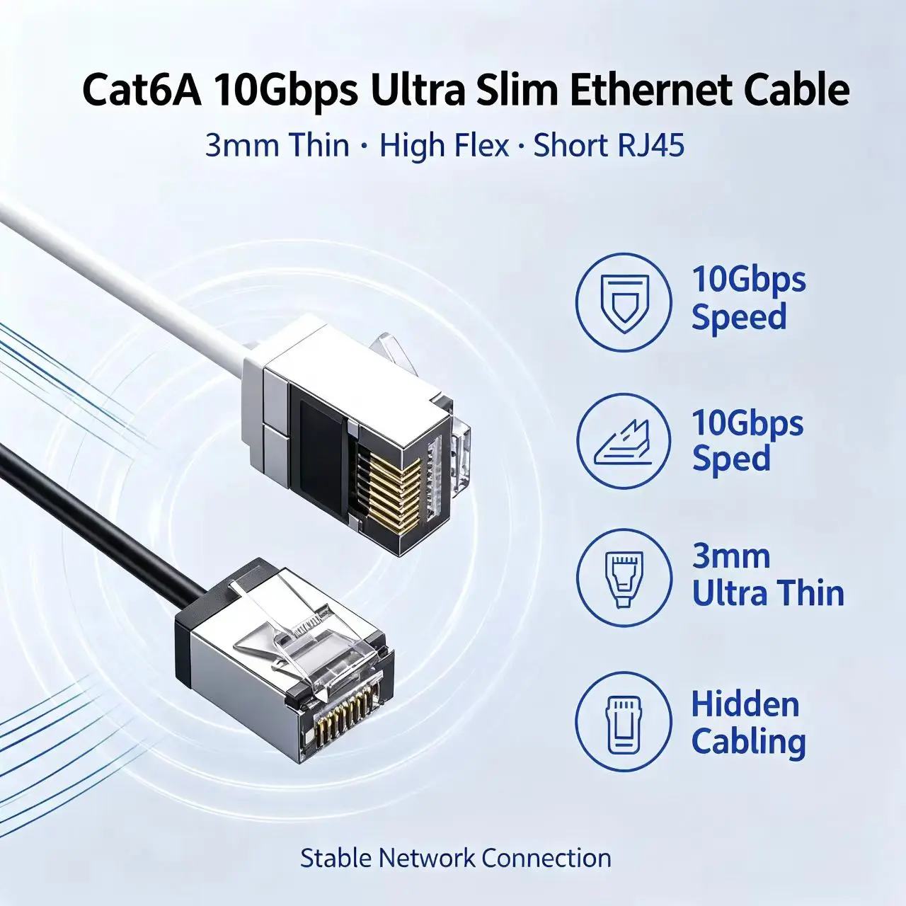 Ultra Slim Cat6A Ethernet Cable 10Gbps 3mm Thin RJ45 Short High Flexibility LAN Cable for Concealed Wiring