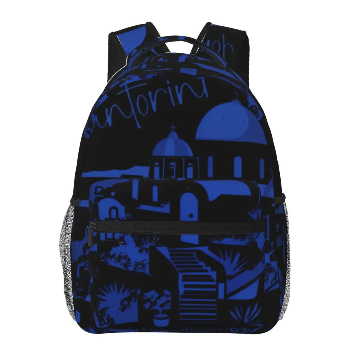 Fresh Student Backpack Center Santorini Dome Buildings Mediterranean Travel Line Art Blue White Lightweight Daypack for School