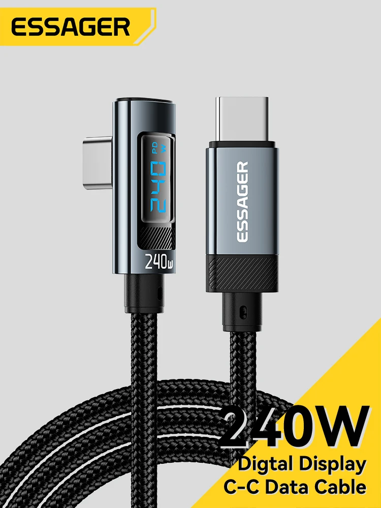 Kabel Essager 240W Type C do Type C z kątem 90 stopni, szybka ładowarka 5A, kabel Type C z wyświetlaczem cyfrowym do iPhone'a, MacBooka Pro, Xiaomi — zdjęcie produktu 7