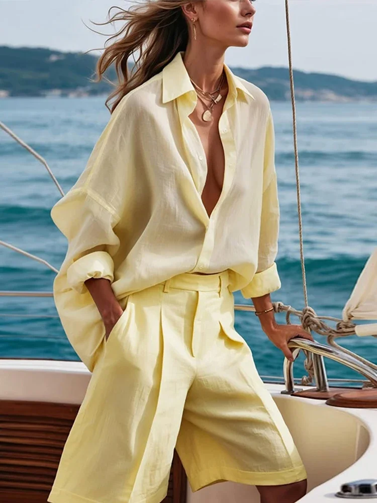 

Повседневная желтая рубашка и шорты, комплект женской однобортной рубашки с длинными рукавами и лацканами, короткие брюки до колена, коллекция 2023 года, летние женские наряды