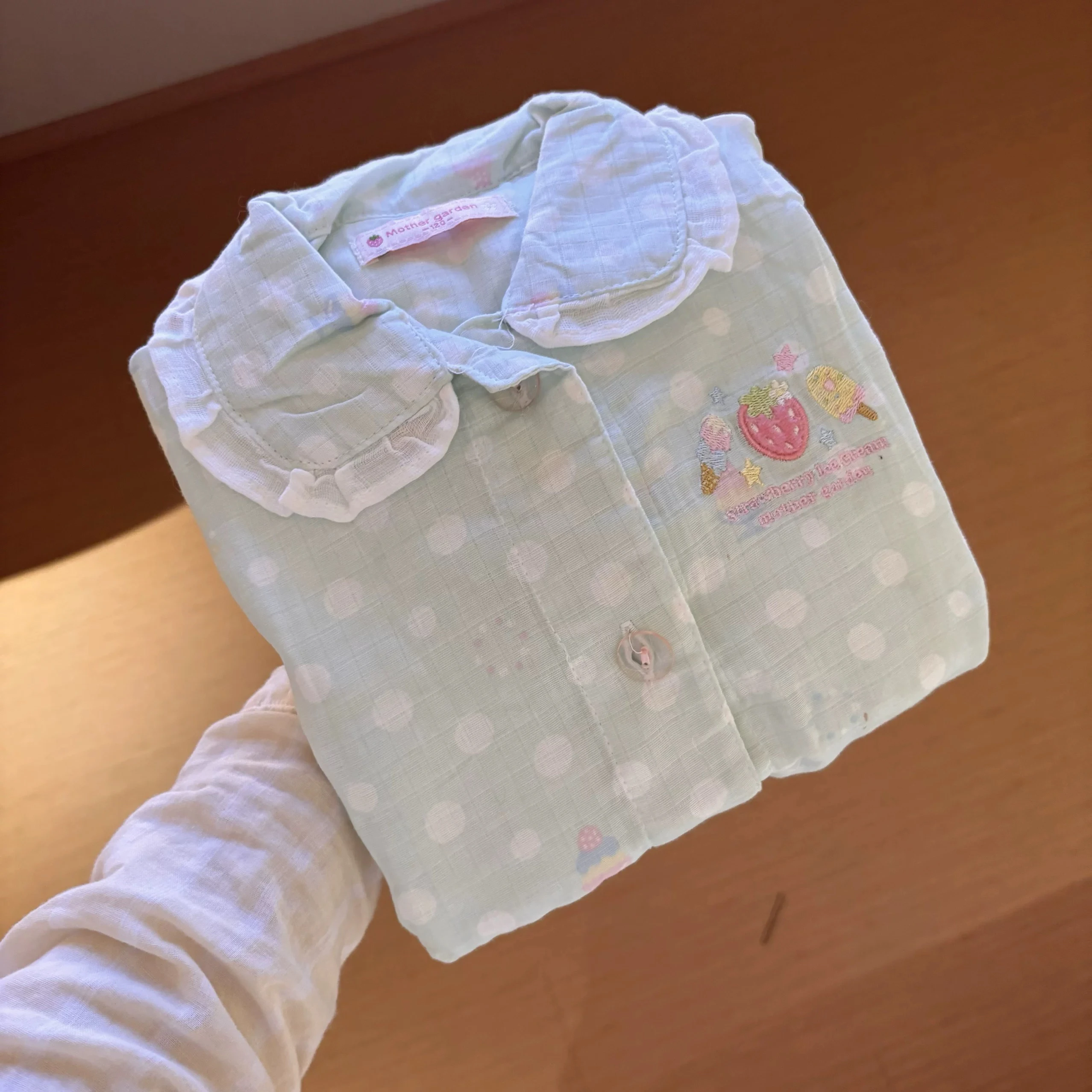 Japanese Original Strawberry Print Green Polka Dot Loungewear Sweet Cute Girls  Short-sleeved Trousers Pajamas Two-piece Set