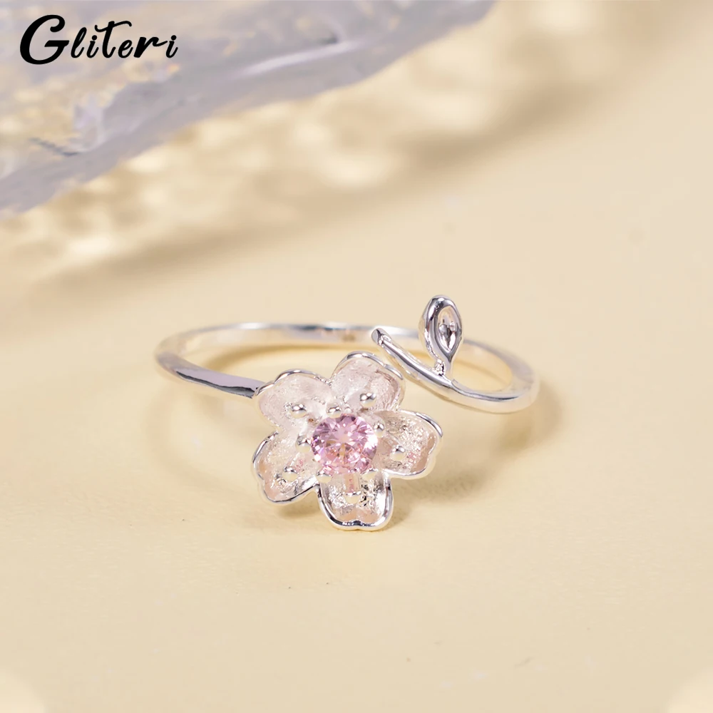 GEITERI Fashion Silver Color Sakura Open Rings For Women Girls Pink Flower Adjustable Finger Ring Jewelry Birthday Gifts 2023