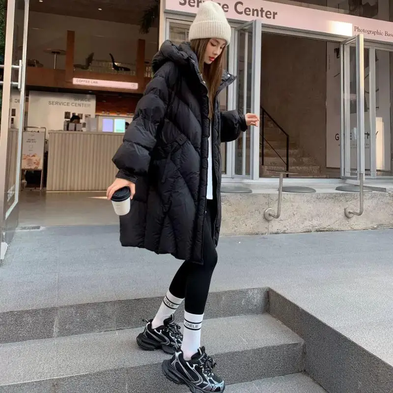 

High-End Korean Style Women's down Jacket White Duck Feather Hooded Loose Thickened Mid-Length Coat Warm Fashionable