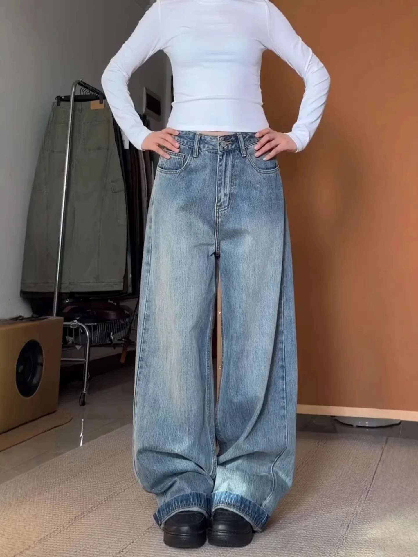 

plus Size American Blue Retro Loose Wide Leg Jeans Women Simple Match Meat Conceal Slimming Casual Straight Long Pants