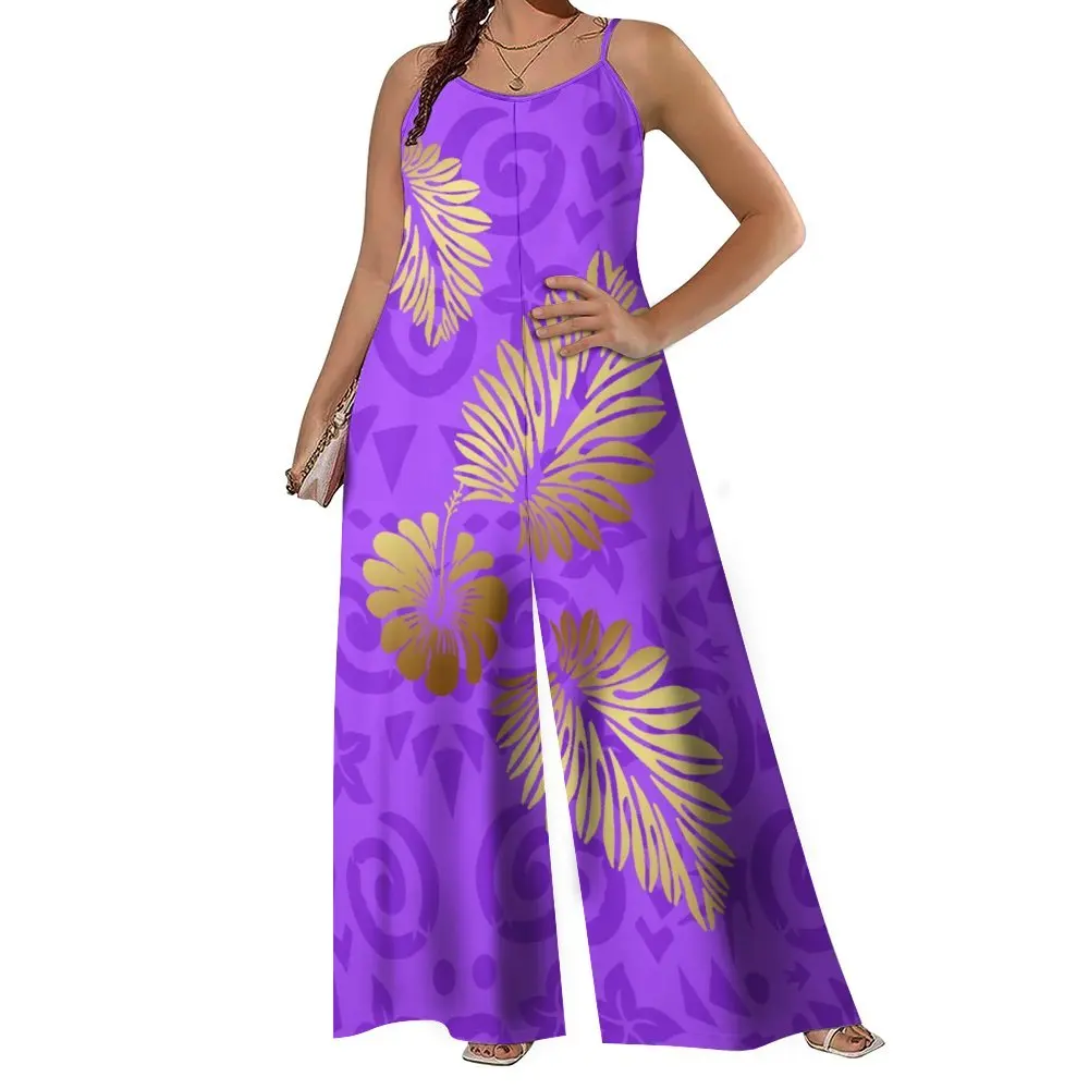 Polynesian Women'S One-Piece Pants Custom Tribal Hibiscus Flower Print Summer Halter Skirt Loose Casual Plus Size Romper