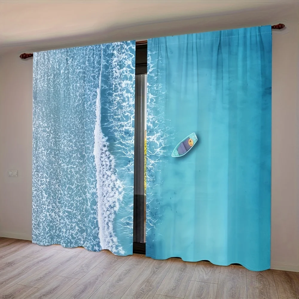 2pcs Tranquil Beach Scene Curtains - Ocean Waves & Canoe Print, Semi-Transparent Polyester Drapes with Rod Pocket for Living Roo