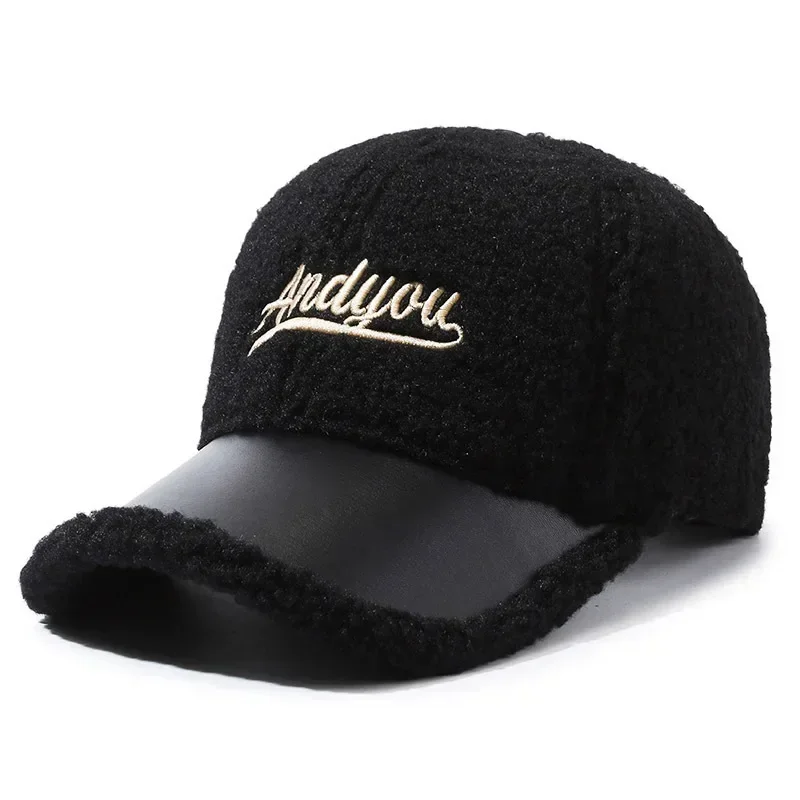 Men Women Lamb Wool Embroidery Letter Baseball Cap Autumn Female Winter Warm Outdoors Fashion Snapback Adjustable Hat Casquette