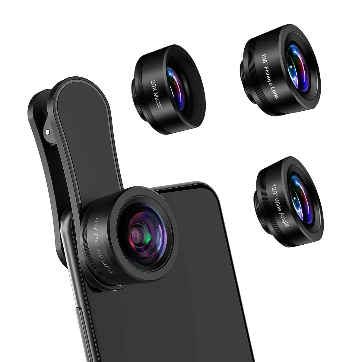 3-In-1 Cellphone Lens Set 120° Wide Angle 198° Fisheye 20X Macro Lenses Camera Kits with Lens Clip for Smartphone iPhone Android